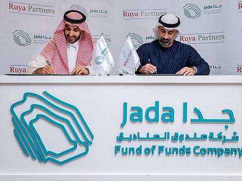 Bandr Alhomaly, CEO of Jada Fund of Funds Company (left), signs its first private debt deal with executives from Ruya Partners.