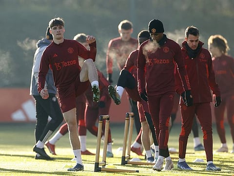 Manchester United's Jack Fletcher and Marcus Rashford during training at Trafford Training Centre on Tuesday.
