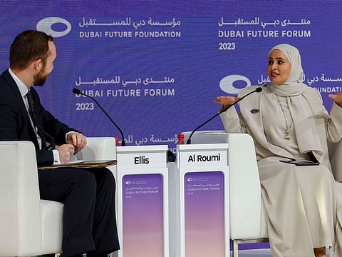 Ohood Al Roumi, Minister of State for Government Development & Future, UAE, during the keynote on ‘How Can Policymakers Effectively Meet the Needs of Future Generations?’ at Dubai Future Forum in Museum of the Future in Dubai on November 28, 2023.
