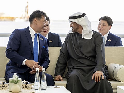 President His Highness Sheikh Mohamed bin Zayed Al Nahyan (right) with Ukhnaa Khurelsukh, President of Mongolia, at Qasr Al Bahr in Abu Dhabi on Tuesday