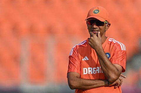 Indias coach Rahul Dravid during a practice session in Ahmedabad on November 17. Dravid had replaced Ravi Shastri as the coach in 2021 for a two-year term.