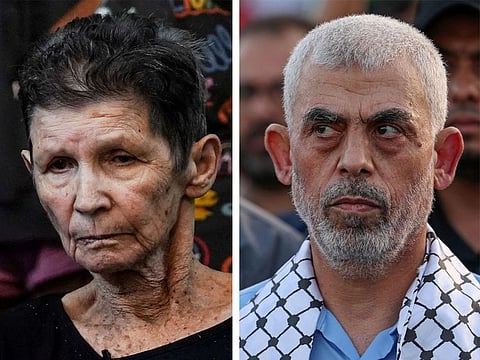 Yocheved Lifshitz, 85, (left) was taken from her Kibbutz Nir Oz home in Israel to Gaza. She told the Israeli newspaper Davar she confronted Sinwar (right) when he visited the hostages in an underground tunnel where Hamas was holding them captive.