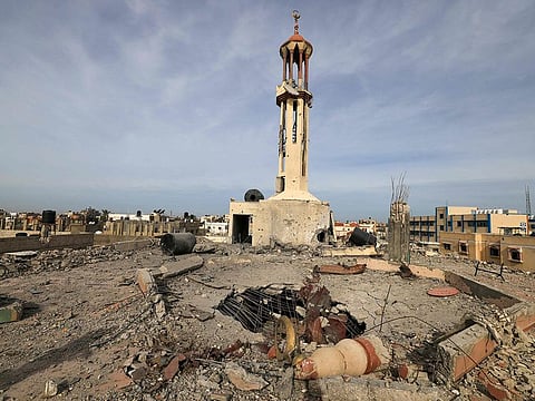 A mosque destroyed in Israeli strikes during the conflict lies in ruin, amid a temporary truce between the Palestinian Islamist group Hamas and Israel, in Khan Younis in the southern Gaza Strip November 29, 2023.