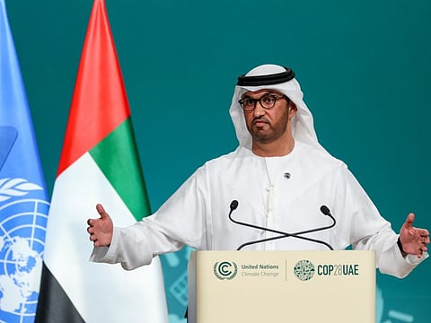 Dr Sultan Al Jaber, COP28 President, speaks at the UNFCCC Formal Opening of COP28 during the UN Climate Change Conference COP28 at Expo City Dubai on Thursday