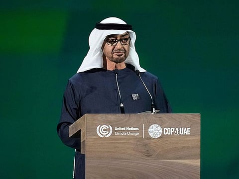 His Highness Sheikh Mohamed bin Zayed Al Nahyan, President of the United Arab Emirates speaks during the World Climate Action Summit Opening Session at Al Waha Theatre during the UN Climate Change Conference COP28 at Expo City Dubai on December 1, 2023