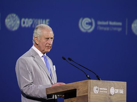King Charles III speaks during the World Climate Action Summit Opening Session.