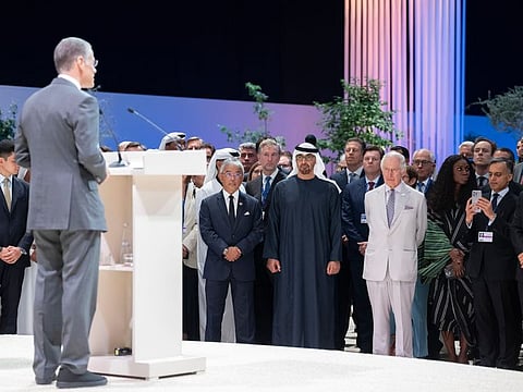 His Highness Sheikh Mohamed Bin Zayed Al Nahyan, President of the UAE, and His Majesty King Charles III attending the launch of COP28 Business and Philanthropy Climate Forum at Expo City Dubai.