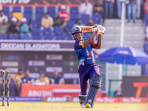 Deccan Gladiators' Andre Fletcher hits one of his sixes during his match-winning knock against Team Abu Dhabi at Sheikh Zayed Stadium on Saturday.