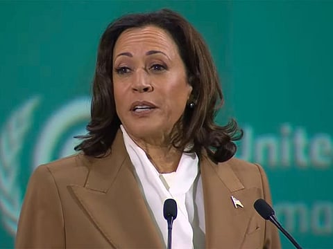 Kamala Harris, US Vice President, speaking at the COP28 summit at Expo City Dubai on Saturday, December 2.