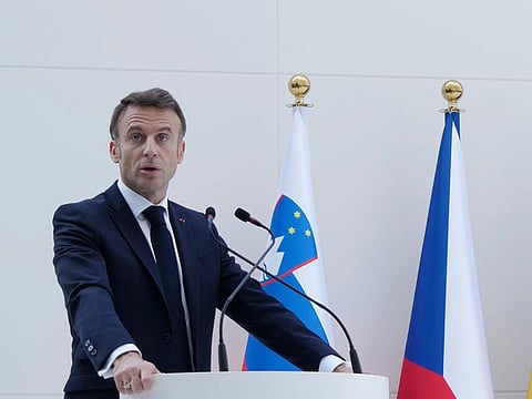 French President Emmanuel Macron addressing the World Climate Action Summit at the UN COP28 climate conference at Expo City Dubai on Saturday