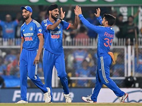 Indias Arshdeep Singh celebrates with teammates during the fifth Twenty20 match.