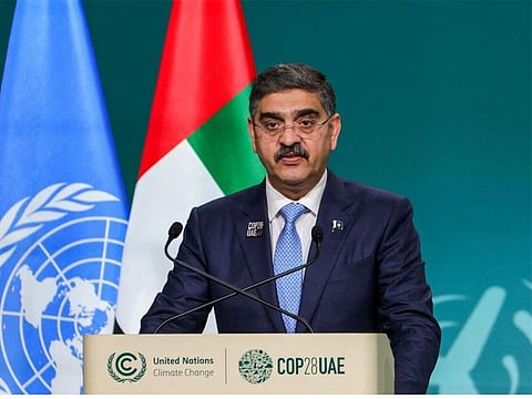 Caretaker Prime Minister of Pakistan Anwaarul Haq Kakar while speaking at the COP28 summit at Expo City Dubai on December 2