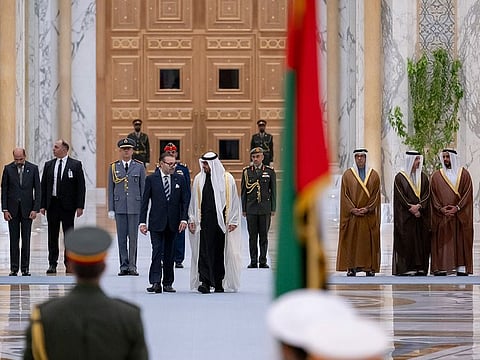 President His Highness Sheikh Mohamed bin Zayed Al Nahyan (R) with His Majesty King Mohammed VI of the Kingdom of Morocco at Qasr Al Watan in Abu Dhabi on Monday
