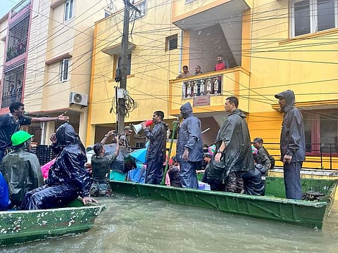 The Madras Unit of the Indian Army rescues people from the waterlogged areas of the Mugalivakkam and Manapakkam areas following heavy rainfall, in Chennai.