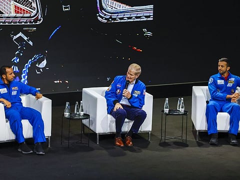 (from left) UAE astronaut Hazzaa AlMansoori; Senator Bill Nelson, NASA Administrator, and UAE astronaut Dr Sultan Al Neyadi, at a session ‘Space & Beyond: The Future of Space Exploration’ organised by the Mohammed Bin Rashid Space Centre in partnership with the Museum of the Future, at Museum of the Future in Dubai on Tuesday