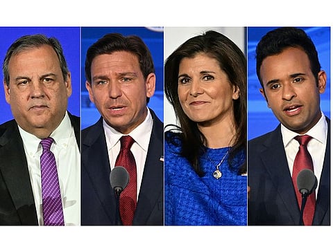 This combination of pictures created on December 04, 2023 shows (From L) US Republican presidential candidate Chris Christie, Governor Ron DeSantis, US Republican presidential candidate Nikki Haley and entrepreneur Vivek Ramaswamy.