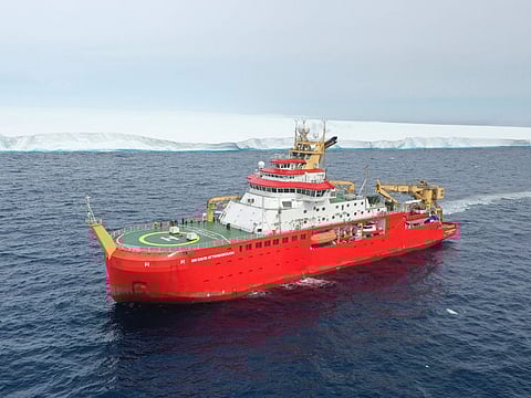 In this handout photo provided by the British Antarctic Survey, the RRS Sir David Attenborough in front of A23a iceberg in Antarctica, Friday, Dec. 1, 2023.