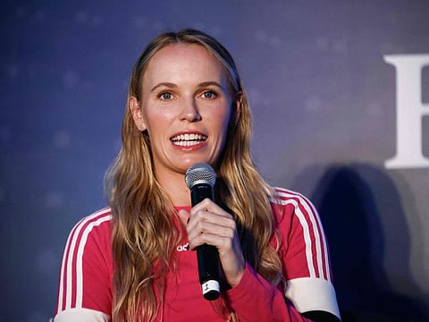 Danish star Caroline Wozniacki speaks during a press conference as a part of the Tennis Fest GNP 2023 in Mexico City on November 28.