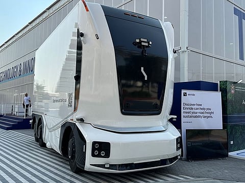 The Einride electric truck on display at the Technology and Innovation Hub at COP28 UAE in Expo City, Dubai, on December 6, 2023. The trucks will seen in action in the UAE next year.