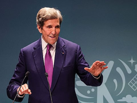 US Special Presidential Envoy for Climate John Kerry speaks during a press conference at the United Nations climate summit in Dubai on December 6, 2023.