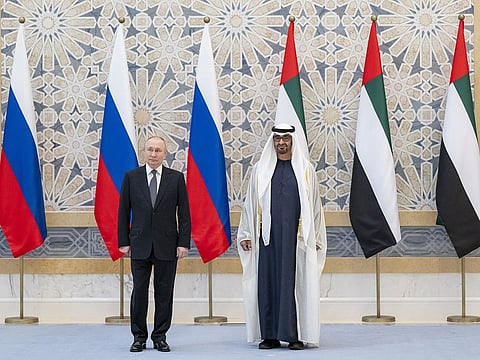 President His Highness Sheikh Mohamed bin Zayed Al Nahyan (right) and Russian President Vladimir Putin at Qasr Al Watan in Abu Dhabi on Wednesday
