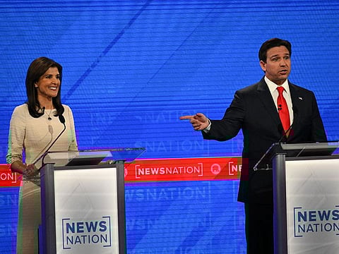 Republican presidential candidates Nikki Haley, left, and Ron DeSantis participate in the NewsNation GOP primary debate on Wednesday in Tuscaloosa, Ala.