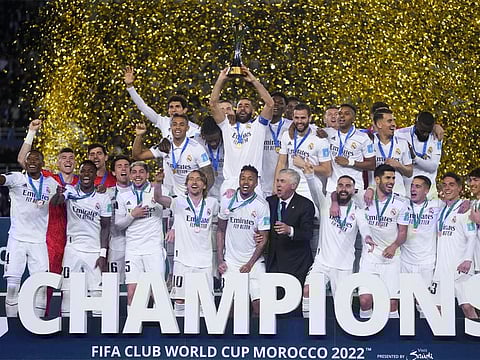 Real Madrid players with the Fifa Club World Cup trophy after winning the final against Al Hilal at Prince Moulay Abdellah on February 11, 2023 in Rabat, Morocco.