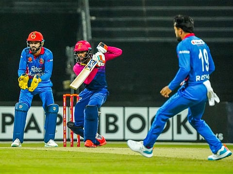 UAE's Vriitya Aravind playing Afghanistan skipper Rashid Khan during the Twenty20 series held earlier this year.