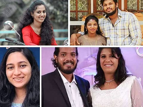 Clockwise from bottom left: Dr Shahna was found unconscious in her flat and pronounced dead on December 5; Ayurveda student Vismaya was found hanging after dowry-related abuse by husband and family (2021); Uthara was killed after a cobra bite, the murder was orchestrated by her husband (2021); Priyanka committed suicide after which actor husband Unni Dev and his mother were booked for dowry-related abuse (2022)