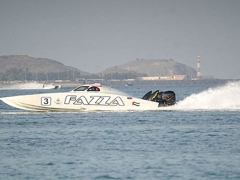 Arif Al Zaffain and Nadir Bin Hendi in Fazza secured victory in the opening round of the new UAE Class-3 Offshore Powerboat Championship.