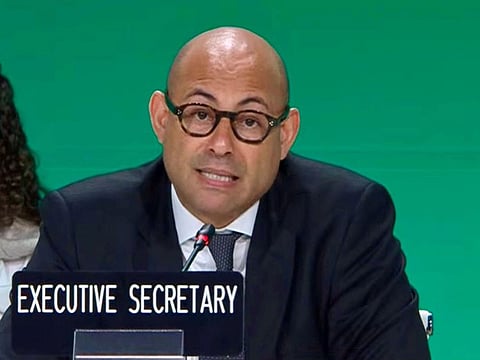 United Nations Climate Chief Simon Stiell speaking at the COP28 in Dubai