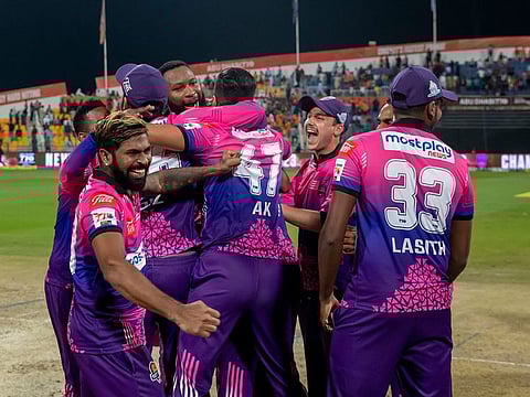 New York Strikers celebrating after winning the seventh edition of the Abu Dhabi T10 on Saturday.