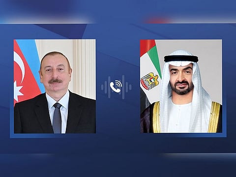 President His Highness Sheikh Mohamed bin Zayed Al Nahyan (right) and Ilham Aliyev, President of the Republic of Azerbaijan