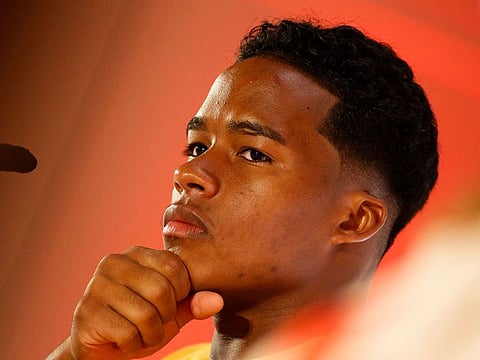 Palmeiras' forward Endrick during a press conference in Sao Paulo, Brazil.