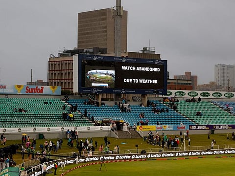 A view of the digital board displaying the message that play has been abandoned due to rain at the first T20 match between South Africa and India at Kingsmead stadium in Durban on Sunday.