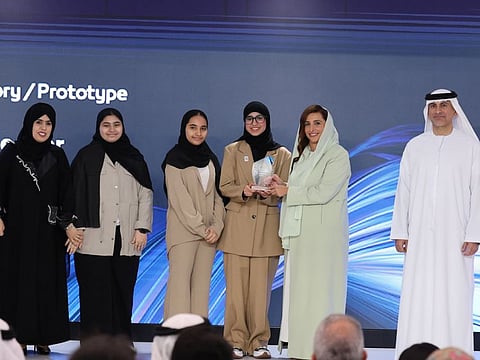 Sheikha Badour bint Sultan Al Qasimi (2nd L) and Khaled Al Huraimel (R) during the Future Pioneers Awards (FPA) ceremony in Sharjah.