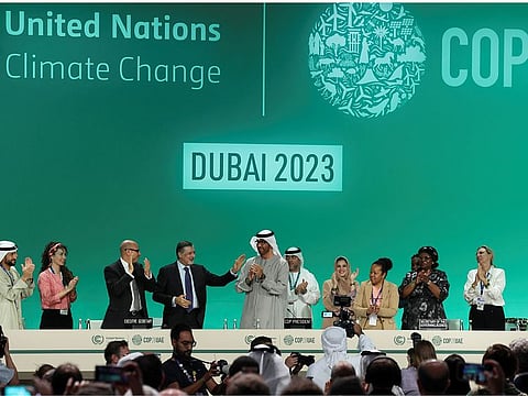 COP28 President Sultan Ahmed Al Jaber after a draft of a negotiation deal was released at the COP28 United Nations Climate Change Conference in Dubai on December 13, 2023. It is the first step in the world's bid to wean off fossil fuels.