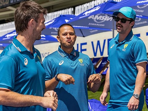 (From left) Australia's Mitchell Marsh, Usman Khawaja and Travis Head attend the launch of the three-match Test series against Pakistan at Perth Stadium on December 11.
