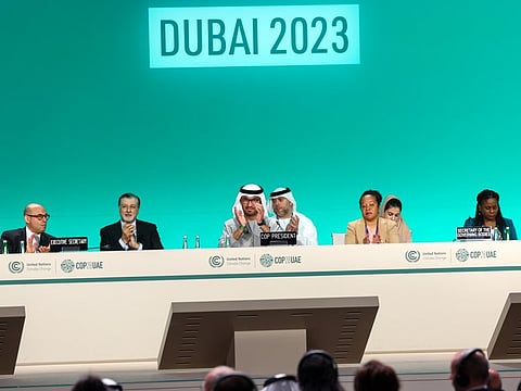 COP28 President Dr Sultan Al Jaber (centre) during the last plenary session on the extended day (Wednesday) of COP28 at Expo City Dubai