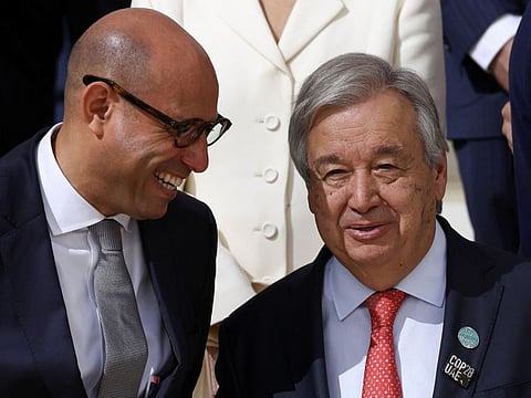 Executive Secretary of the United Nations Framework Convention on Climate Change (UNFCCC) Simon Stiell (left) and United Nations Secretary-General Antonio Guterres at the United Nations Climate Change Conference (COP28) in Dubai