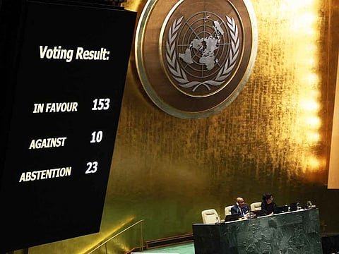 The results of a draft resolution vote are seen on a screen as the UN General Assembly holds an emergency special session on the Israel-Hamas war at the United Nations headquarters on December 12, 2023 in New York City. The General Assembly resumed its 45th plenary meeting after Egypt and Mauritania invoked Resolution 377, known as "Uniting for Peace," to demand an immediate humanitarian ceasefire in the two-month-long war between Israel and Hamas after the U.S. vetoed a similar vote in the Security Council. Assembly resolutions are non-binding and could be ignored by Israel even if there is overwhelming support for a ceasefire. The death toll in Gaza has passed 18,000 from Israel's offensive after the Oct. 7 attack by Hamas that Israel says killed 1,200 people and saw 240 people taken hostage.