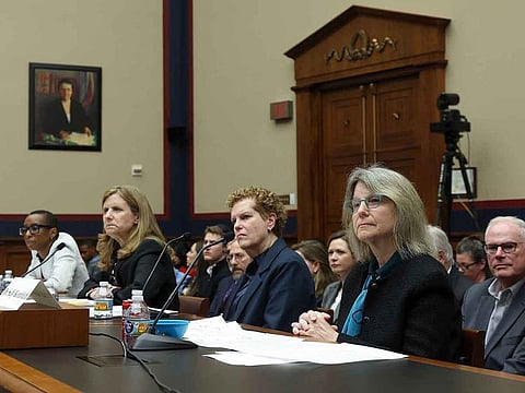 (L-R) Dr. Claudine Gay, President of Harvard University, Liz Magill, President of University of Pennsylvania, Dr. Pamela Nadell, Professor of History and Jewish Studies at American University, and Dr. Sally Kornbluth, President of Massachusetts Institute of Technology, testify before the House Education and Workforce Committee at the Rayburn House Office Building on December 05, 2023 in Washington, DC. The Committee held a hearing to investigate antisemitism on college campuses.