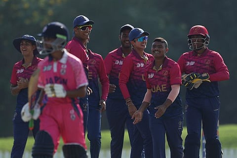 UAE players celebrate a wicket during the ACC Men's U19 Asia Cup 2023 Group B match against Japan held at the ICC Academy ground in Dubai on Wednesday.