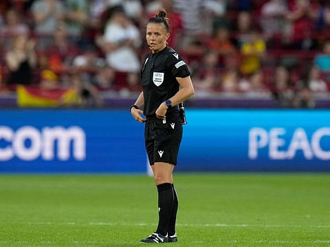 Referee Rebecca Welch during the Women Euro 2022 Group B match between Denmark and Spain at Brentford Community Stadium in London in July 16.