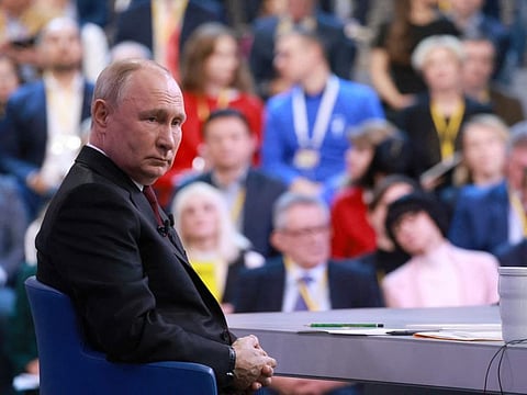 Russian President Vladimir Putin attends his annual end-of-year press conference and the Direct Line question and answer session, at Gostiny Dvor Exhibition Centre in Moscow on December 14, 2023.