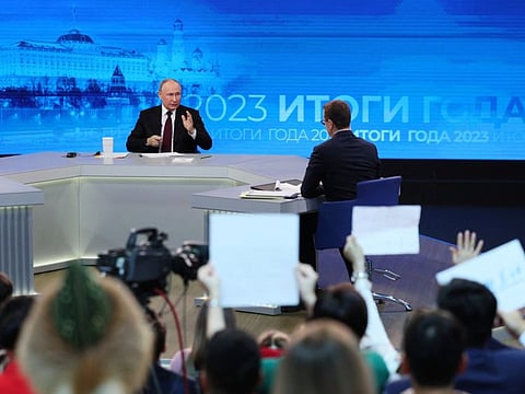 Russian President Vladimir Putin attends his annual end-of-year press conference and the Direct Line question and answer session, at Gostiny Dvor Exhibition Centre in Moscow on December 14, 2023.