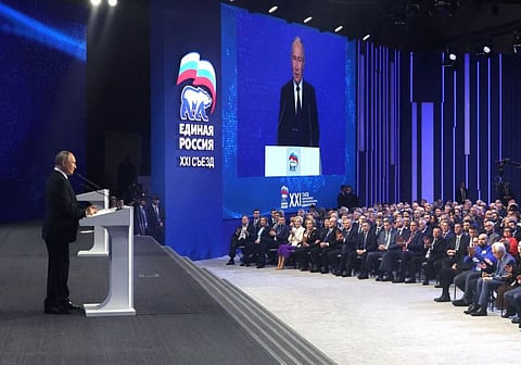 Russia's President Vladimir Putin addresses the audience during the United Russia party congress in Moscow, on December 17, 2023.