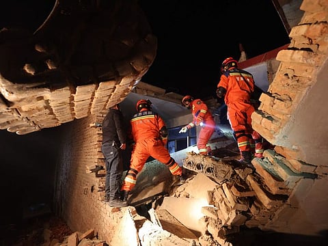Rescue workers search a house for survivors after an earthquake in Kangdiao village, Dahejia, Jishishan County, in northwest Chinas Gansu province on December 19, 2023.