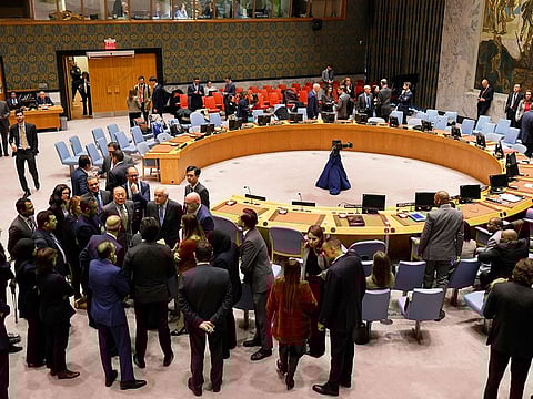 Members of the UN Security Council hold sideline meetings as they take a break at the United Nations headquarters in New York City.