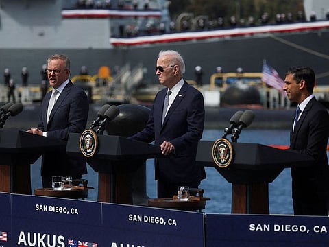 US President Joe Biden, Australian Prime Minister Anthony Albanese and British Prime Minister Rishi Sunak deliver remarks on the Australia - United Kingdom - U.S. (AUKUS) partnership, after a trilateral meeting, at Naval Base Point Loma in San Diego, California (File)